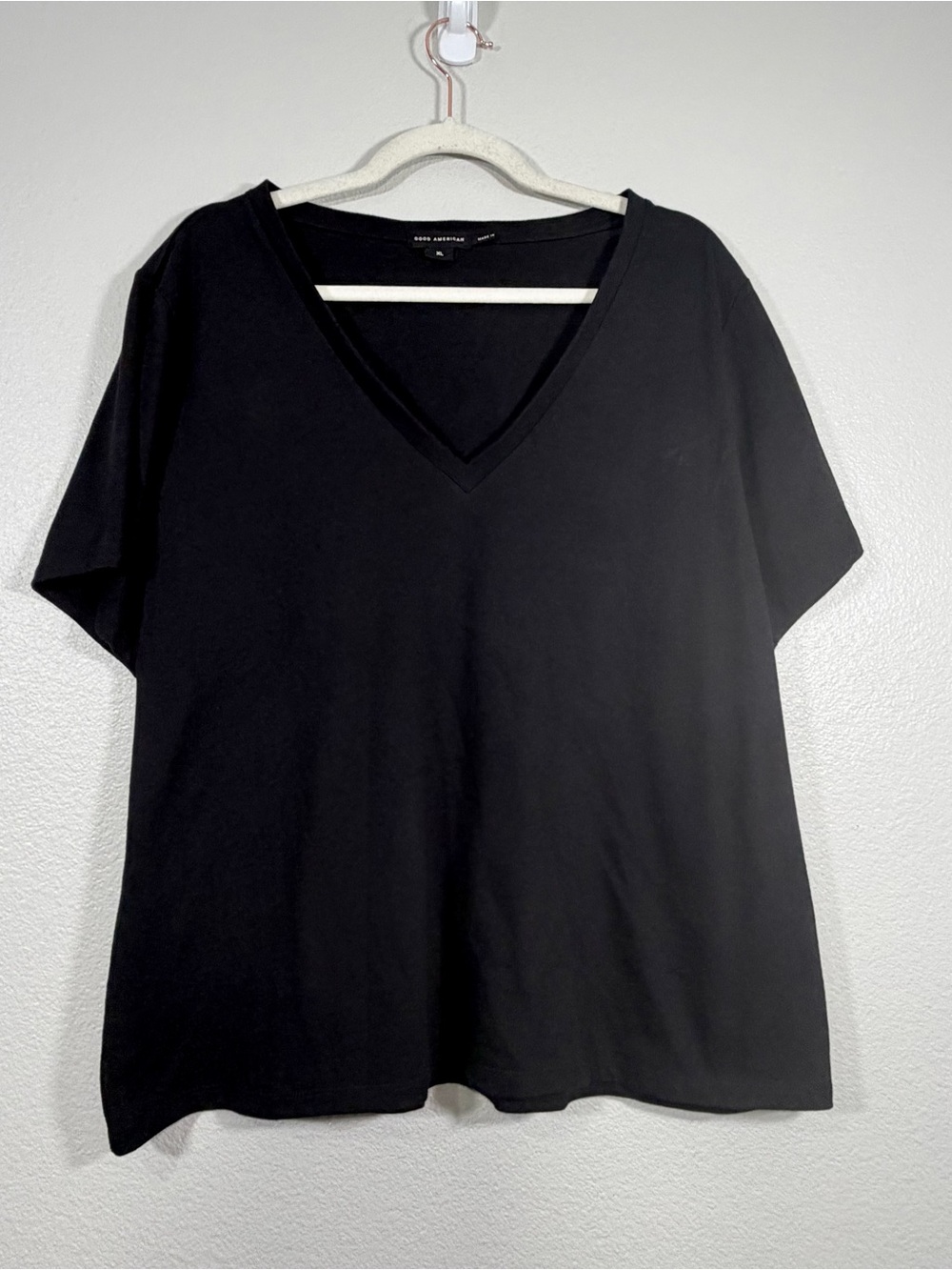 Good American Shirt Black V-Neck Short Sleeve Tee 100% Cotton Basic Women XL